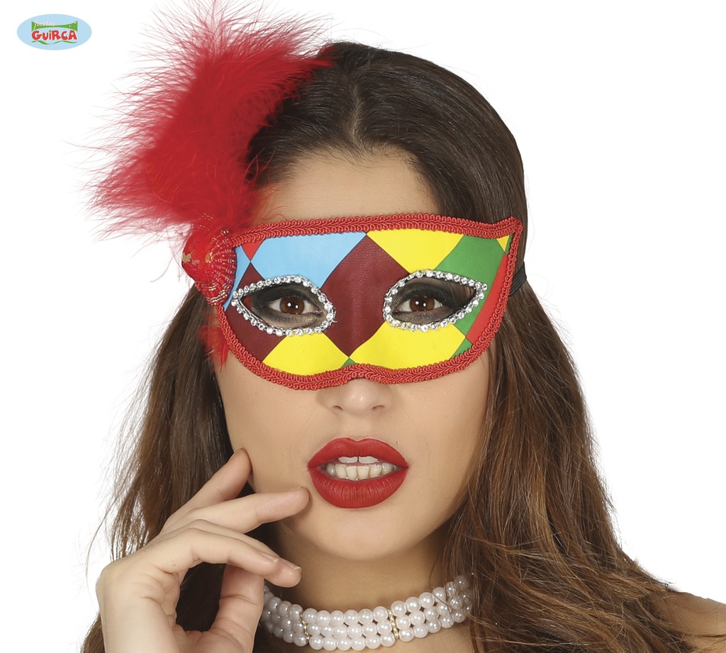 ANTIFAZ ARLEQUIN MULTICOLOR CON PLUMA